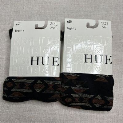 2 Pairs Of Hue Womens Tribal Pattern Tights With Control Top Black Size M/L